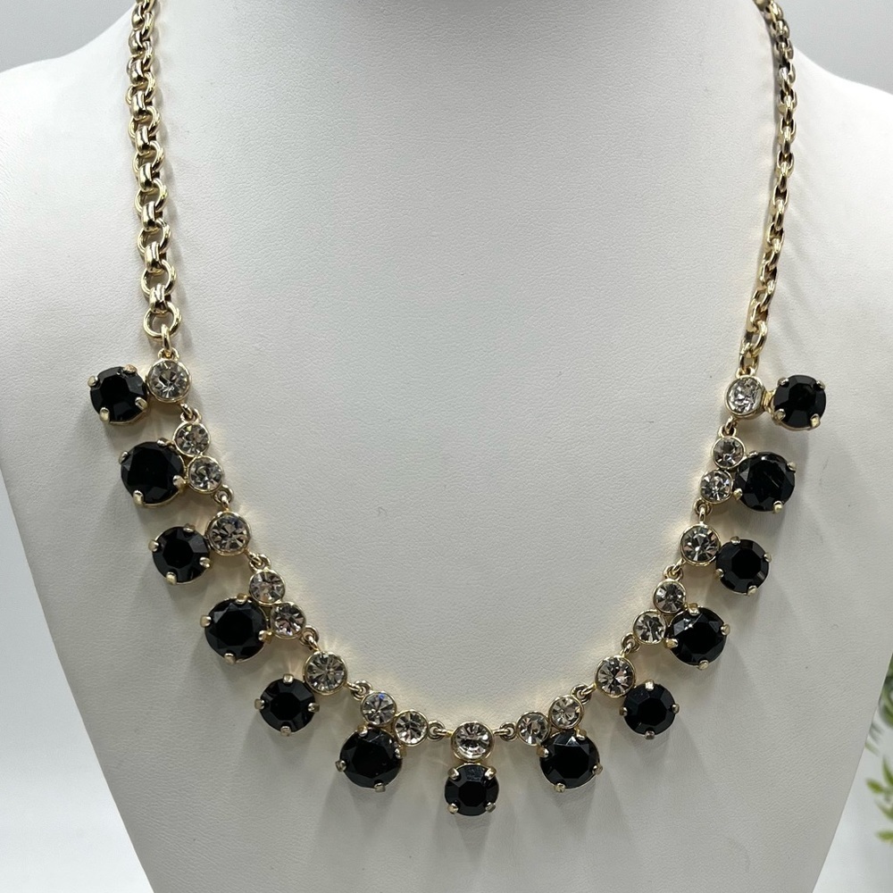 J. Crew Black and‎ Clear Round Rhinestone Gold Tone Statement Necklace